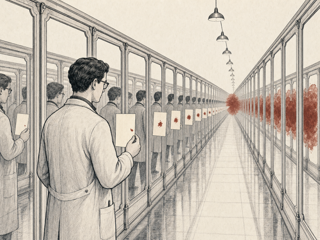 Illustration of a hall-of-mirrors corridor in which a small mark on an inspection card is amplified through repeated reflections