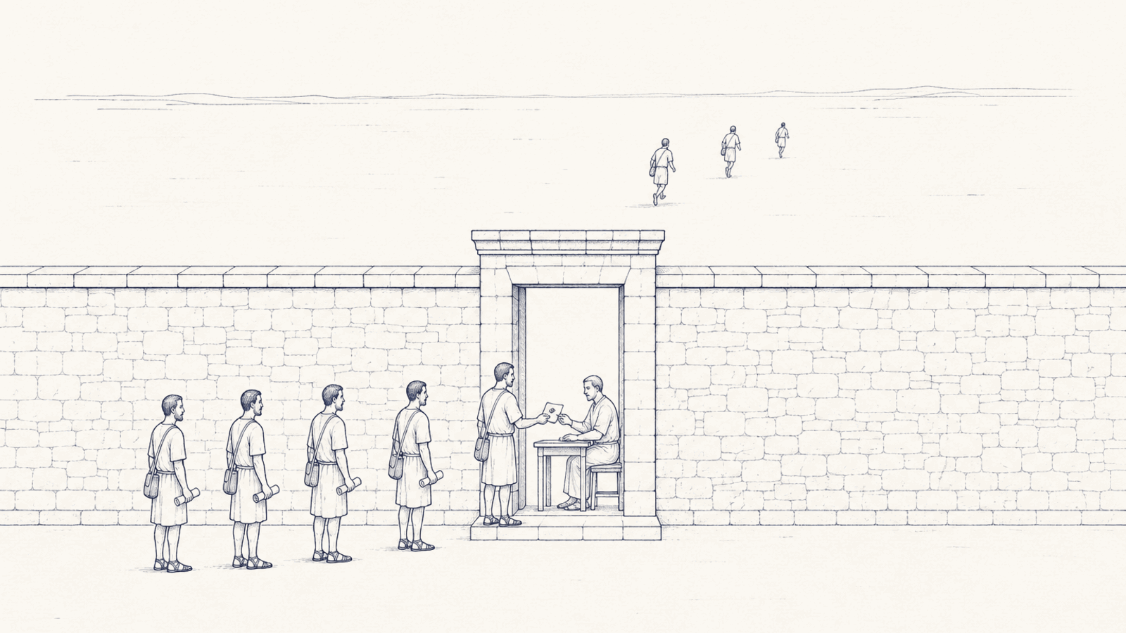 A fine navy line drawing on warm paper: a long stone wall in architectural elevation runs the width of the frame, broken by a single narrow gate. A keeper sits at a small desk in the gate threshold, taking a sealed document from a messenger who has not yet passed through. Four more messengers wait in an orderly queue on the near side. Beyond the wall, three figures are already walking away across open ground, small and receding, well past the point where anyone could call them back.