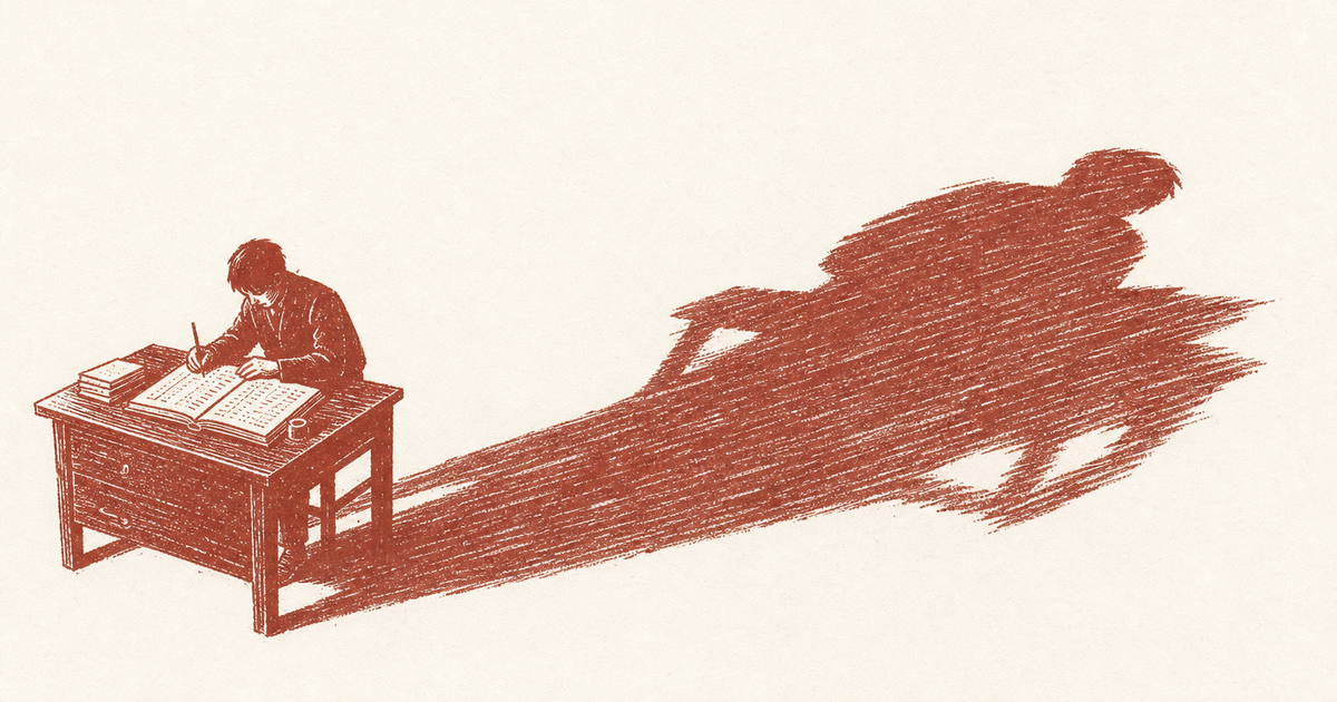 A hand-pressed linocut in brick red ink on cream paper: a small bookkeeper bent over a desk, writing in an open ledger, casting an enormous shadow that stretches across the floor several times larger than the figure. The cost the books never capture.