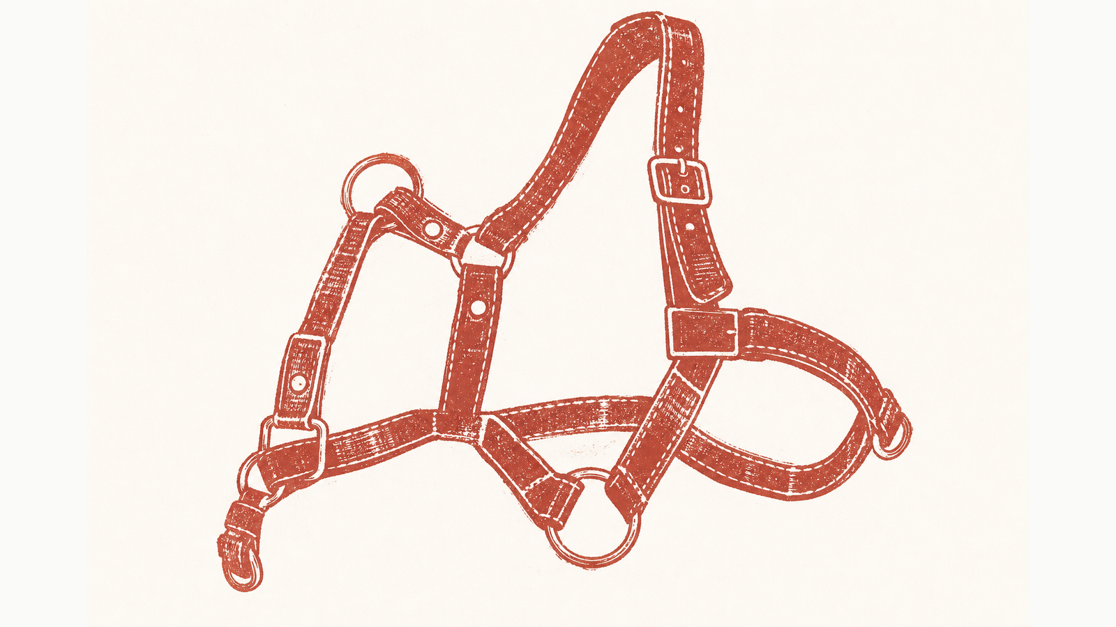 A hand-pressed linocut of an empty leather harness laid flat on cream paper, drawn in brick red ink with visible stitching and brass D-rings. The harness is empty; the thing it would carry is absent.