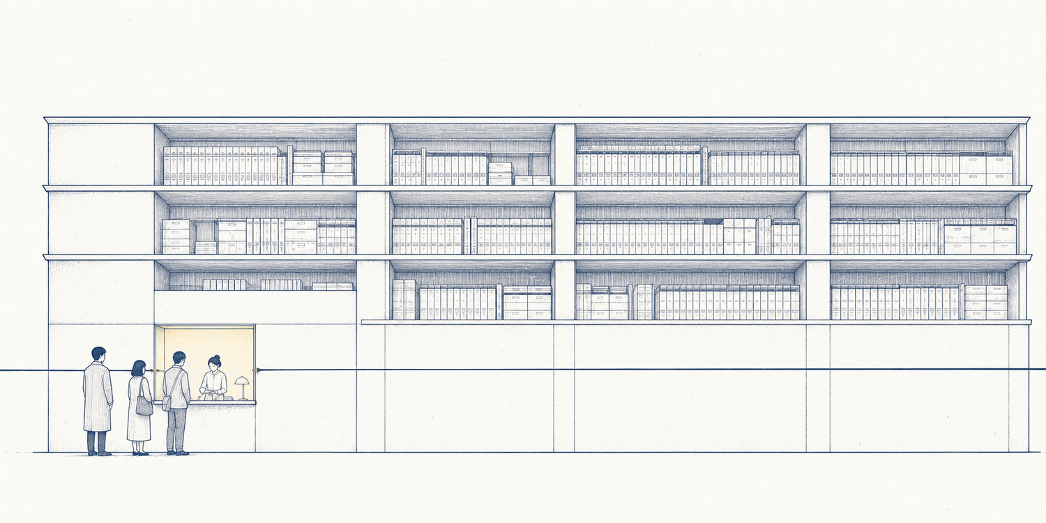 A fine navy line drawing on warm paper: a vast archive hall in architectural elevation, three tiers of deep shelving stacked like sediment, orderly and still. Cut into its lower left face is a small lit service counter with a short queue of people waiting at it, a live transactional window grafted onto a building meant for storage. A single taut line runs from that window across the full width of the drawing.