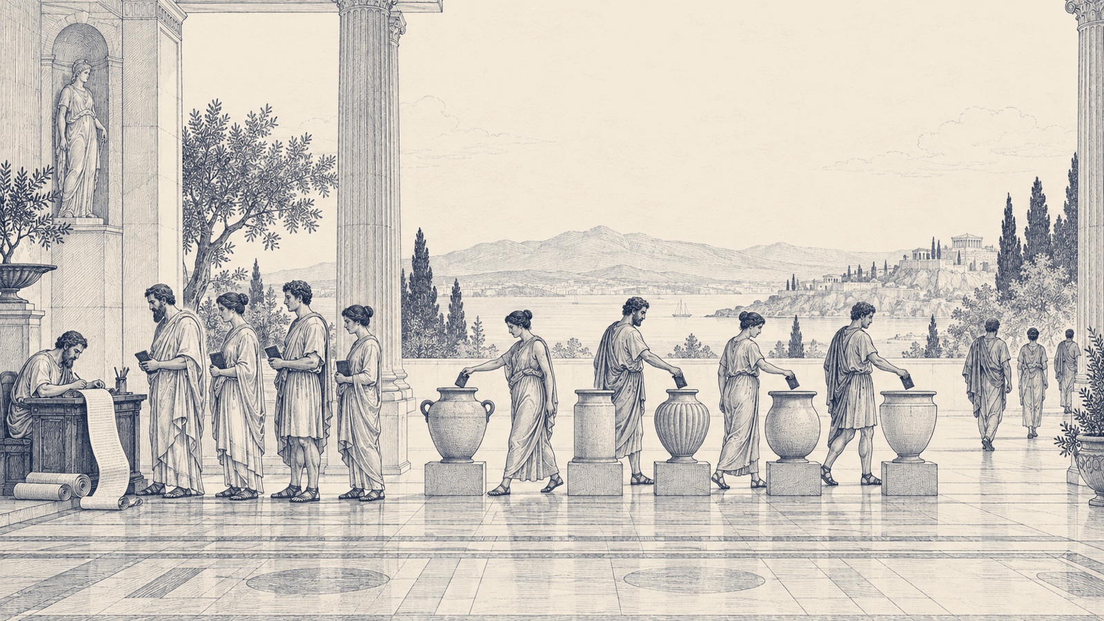 A fine navy line drawing on warm paper. A long classical colonnade opens onto a bay. At the far left a scribe sits at a low desk, part way through a scroll that spills off the desk and coils on the floor, with four petitioners queued beside him holding tablets. To his right stand four plain stone urns on pedestals, each a clearly different shape, and an unhurried line of figures moves past them, each pausing only long enough to drop a tablet into one before walking on. Three figures who have already passed recede into the open distance.